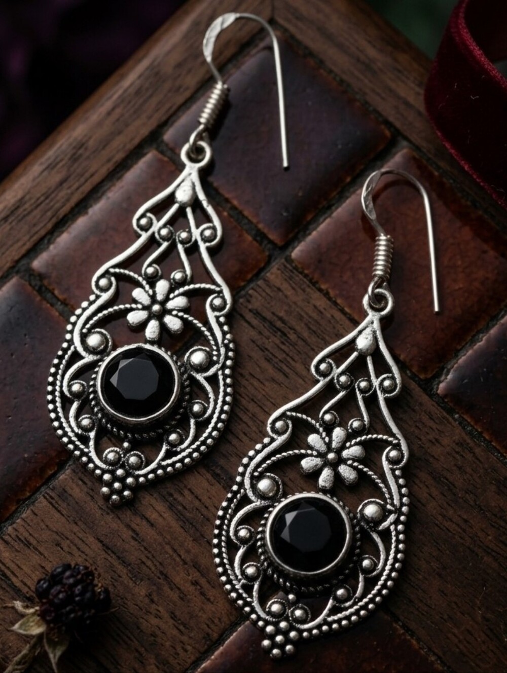 Black Onyx Filigree Drop Earrings 925 Sterling Silver Dark Romance 2.3"L